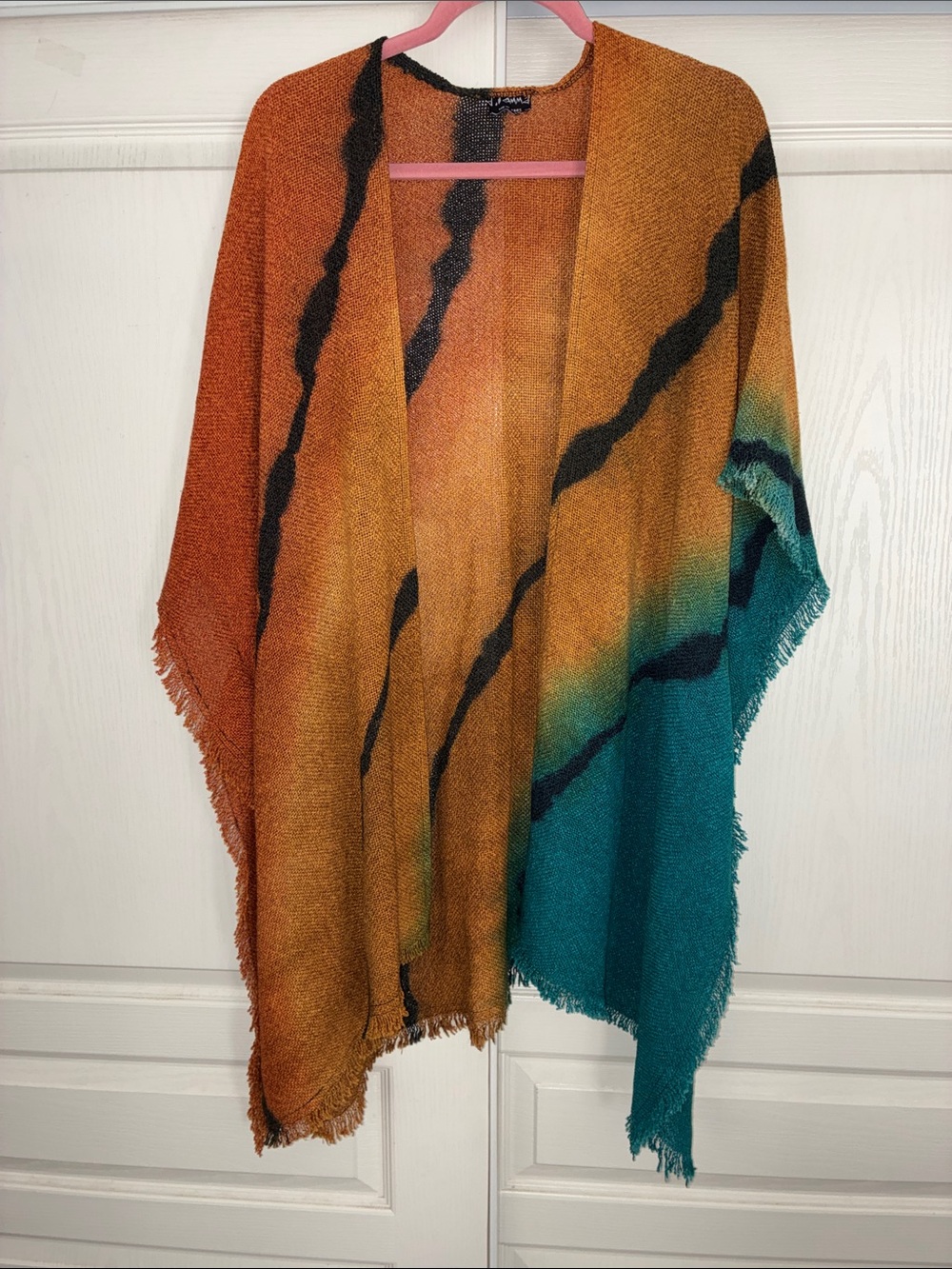 Dilemma New York- Open Front Colorblock Fringe Kimono/poncho - Teal & Rust